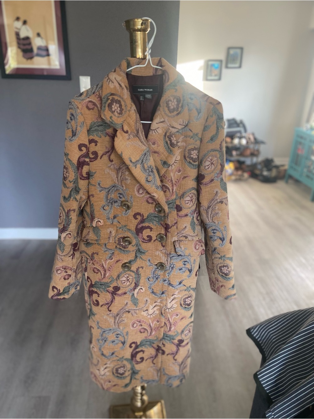 Zara Exclusive collection Mustard Floral Tapestry Double-Breasted Pea Coat